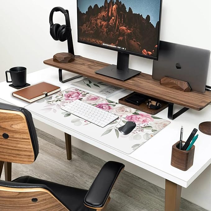 Large Gaming Mouse Pad for Desk,Pink Peony Flowers Eucalyptus Leaves Desk Mat,Watercolor Floral Desk Pad,Extended Big Computer Keyboard Mouse Pad with Non-Slip Base Stitched Edge 35.4"x15.7"