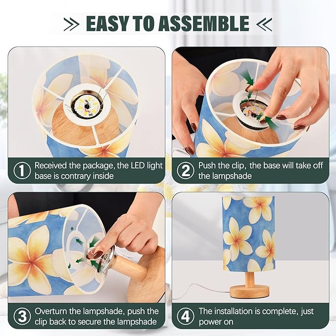 Frangipani LED Table Lamp, Bedside Lamp with Linen Lampshade, Flicker-Free Eye Care USB Plug in Nightstand Lamp, for Bedroom and Office
