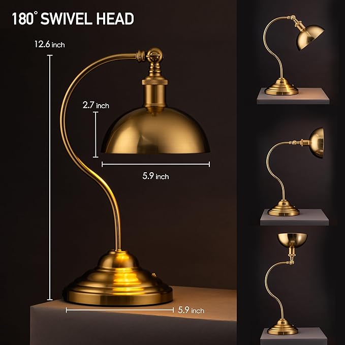 O'Bright Bankers - Cordless LED Table Lamp, Battery-Operated, Rechargeable, 3-Level Dimming, Universal USB-C Charging, 180° Swivel Head, Luxury Metal Shade, Antique Brass
