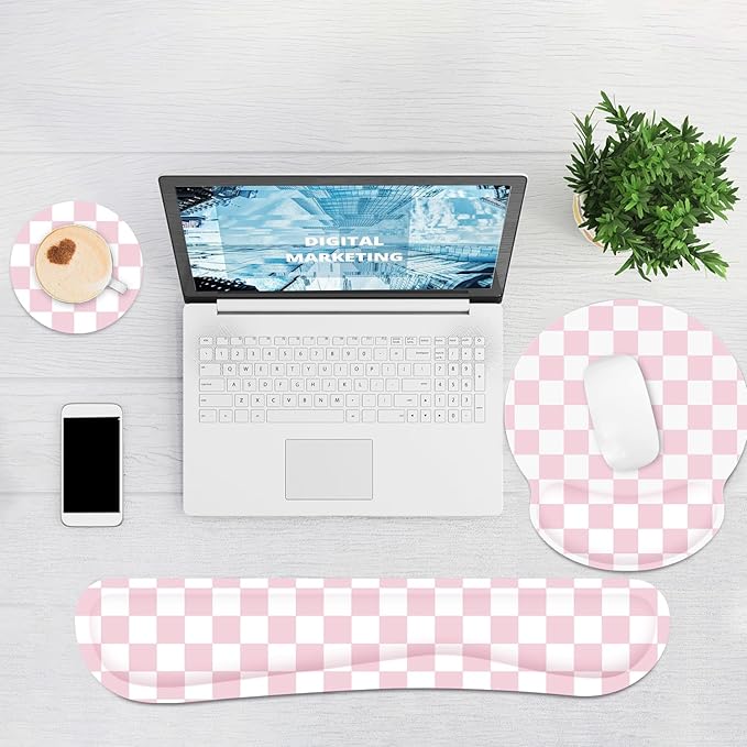 Ergonomic Mouse Pad with Wrist Rest and Keyboard Wrist Rest, Mousepad and Wrist Rest for Computer Keyboard, Non-Slip Base, Mouse Pad with Wrist Support for Gaming, Office, Pink Checkered