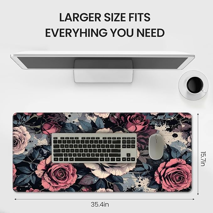 XXL Gaming Mouse Pad, Vintage Rose Floral Design, 35.4 x 15.7 Inches, Microfiber Cloth, Non-Slip Rubber Base, Rectangular Extended Desk Mat
