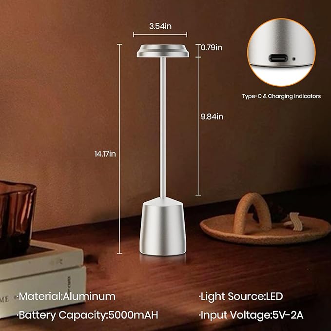 LED Cordless Table Lamps, Portable Rechargeable 5000mAh Battery Operated Table Light, 3 Color Stepless Dimming Touch Control, Desk Lamp for Dinner/Bedroom/Restaurant/Bars/Coffee Shop