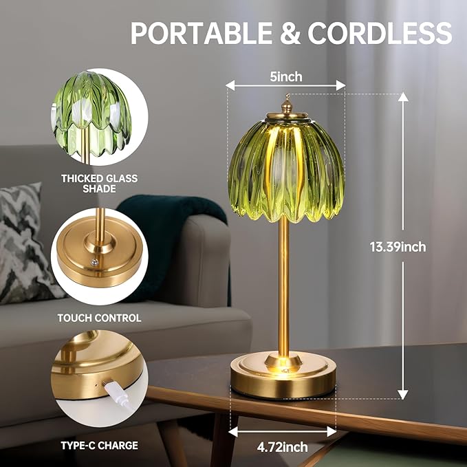 Tulip Table Lamp with 5000mAh Battery & Touch Control, Cordless Table Lamp with 3 Colors, Dimmable Rechargeable Table Lamps for Bedroom, Nightstand, Living Room, Entryways (Green Tulip)