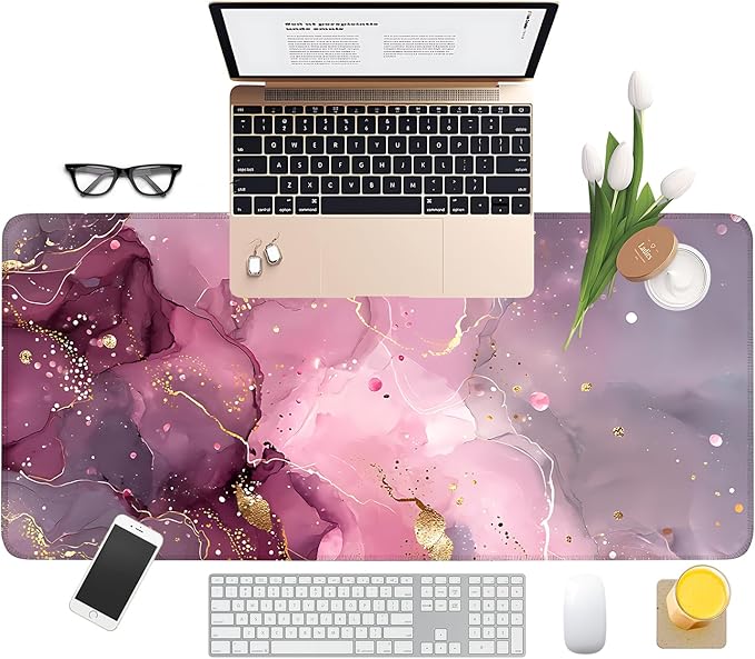 Pink Marble Gaming Mouse Pad 35.4x15.7Inch Large Desk Mat Anti-Slip Rubber Base & Durable Stitched Edges for Gamers Smooth Mouse Writing Surface for Desk Office/Home