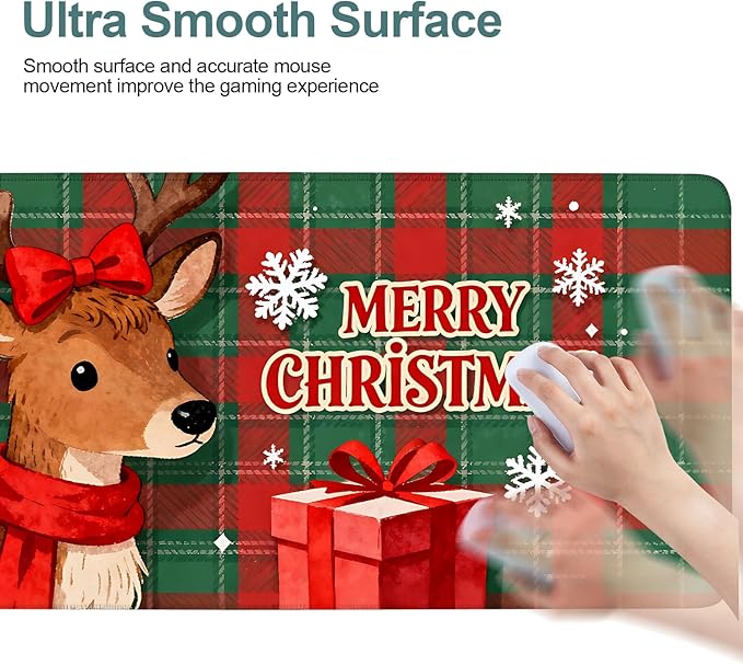 Merry Christmas - Elk Extended Gaming Mouse Pad 35.4x15.7Inch Large Desk Mat Anti-Slip Rubber Base & Durable Stitched Edges for Gamers Smooth Mouse Writing Surface for Desk Office/Home
