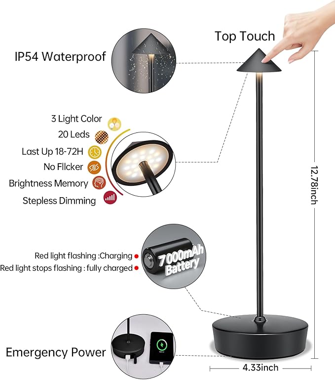 Cordless Led Table Desk Lamp 2 Pack, 7000mAh Battery Outdoor Table Light Waterproof for Restaurant Patio Camping Home Decor, USB-A Output, Brightness Memory, Dimmable
