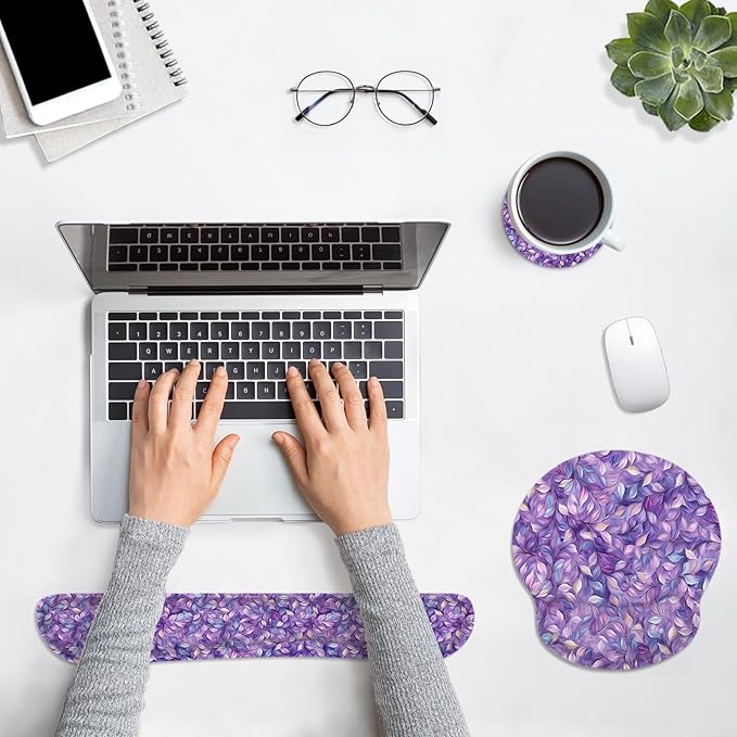 Britimes Purple Leaves Oil Painting Ergonomic Mouse Pad Set with Wrist Rest Non-Slip Rubber Base Wrist Cushion Support and Coasters Mousepad with Wrist Support for Computer Keyboard and Desk
