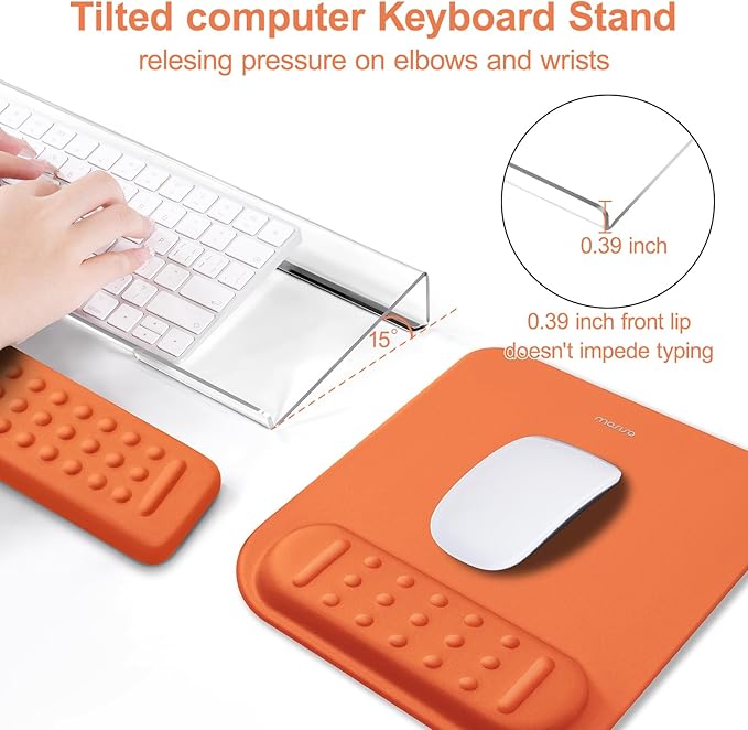 MOSISO Computer Keyboard Stand&Wrist Rest Support for Keyboard &Mouse Pad Set, Ergonomic Massage Wrist Rest Set, Easy Typing Working Acrylic Clear Stand for Office Home, Cosmic Orange