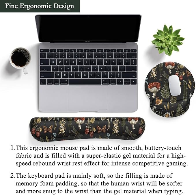 Plant Mushroom Mouse Pad Black Aesthetic Ergonomic Desk Pad Wrist Support Keyboard Wrist Rest Set, Mouse Pad with Non-Slip Pu for Office Comfortable Mouse Wrist Rest for Easy Typing.