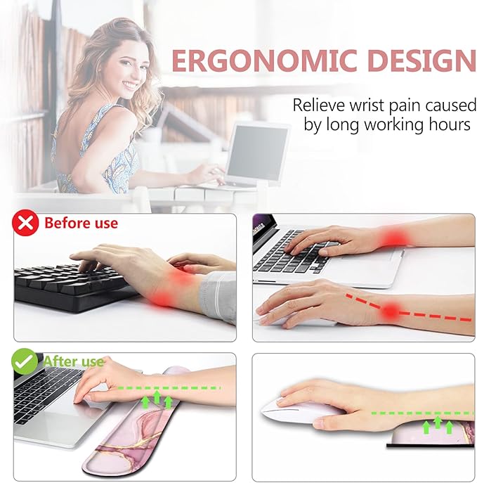 AIMSA Keyboard Wrist Rest Support + Mouse Pad + Mouse Wrist Rest + Coaster, Ergonomic Memory Foam Anti-Slip Rubber Base 4 PCS Set Easy Typing Pain Relief, Pink Purple Marble