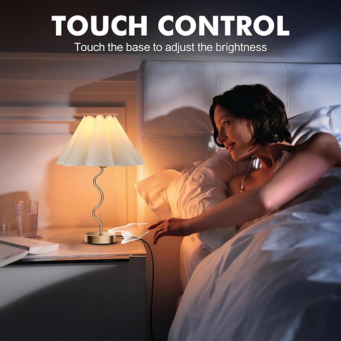 Small Table Lamp Pleated Table Lamp 3 Way Dimmable Touch Lamps for Night Stands with USB C+A Ports Bedside Nightstand Lamp Morden Desk Lamp for Bedroom Home Kitchen Living Room Kids Room Nursery