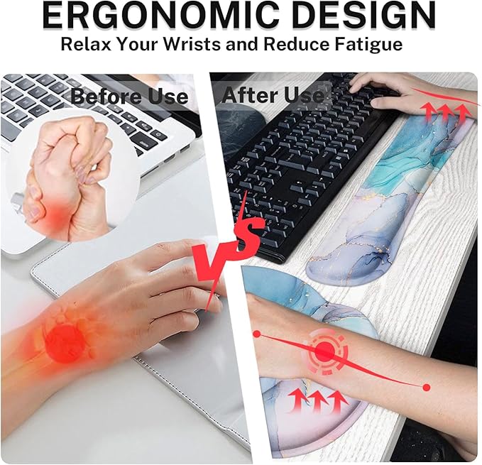 Arttown Pink Blue Desk Mat Marble Mouse Pad Set 4 in 1 Purple Gold Gradient Ergonomic Design Large Desk Pad + Keyboard Wrist Rest + Mouse Wrist Rest + Coaster Suitable for Home Office Study Game