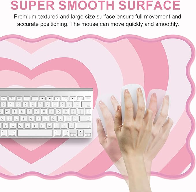 L-SPOUTTO Pink Mouse Pad,Cute Desk Mat XXL Large Scalloped Gaming Mousepad,35.4x15.7in Non-Slip Rubber Base Keyboard Pad Waterproof Desktop Mat for Laptop Computer Work Game Home Office-Pink Heart