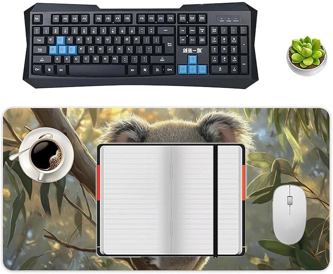 Large Ergonomic Gaming Mouse Pad Baby Koala on Eucalyptus Branch - Adorable Wildlife Theme with Non-Slip Base Water-Resistant Surface and Stitched Edges 30x60cm