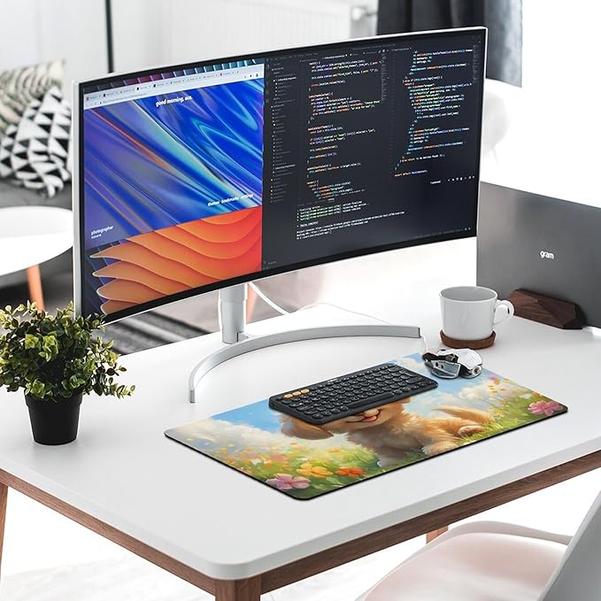 Large Ergonomic Gaming Mouse Pad Happy Puppy in Sunny Field - Lovable Dog Theme with Non-Slip Base Water-Resistant Surface and Stitched Edges 40X75cm