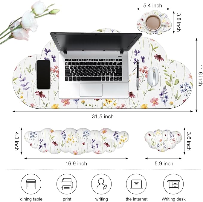 JIKIOU Large Cloud Mouse Pad Waterproof with Cloud Keyboard Wrist Pad and Cloud Mouse Wrist Pad Set, Ergonomic Computer Desk Wrist Support Mousepad for Keyboard and Mouse 35.4x15.7in White Flowers