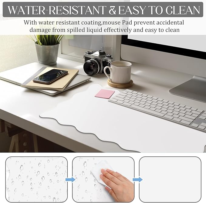 Scalloped Desk Mat Large Scalloped Piping Cute Desk Mat Aesthetic Preppy Table Pad Large Nonslip Pad with Edge Stitching Waterproof Gaming(White,23.62 x 13.78 Inches)