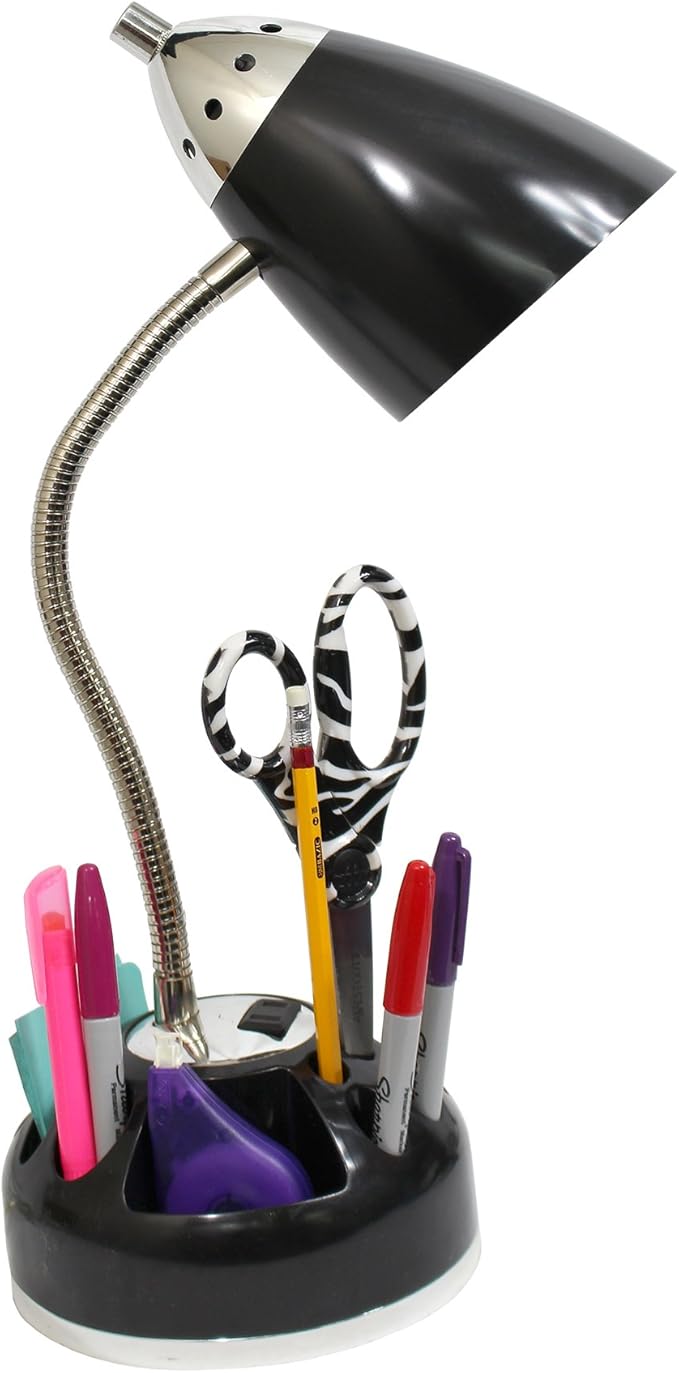 Simple Designs LD1015-BLK Flossy Organizer Desk Lamp with Charging Outlet and Lazy Susan Base, Black