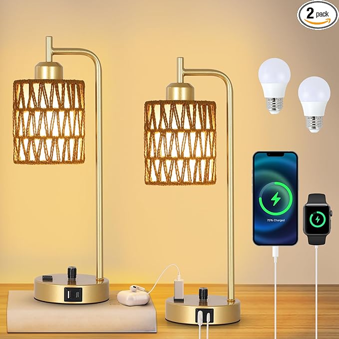 Gold Lamp for Bedroom, Boho Rattan Table Lamps Set of 2 with LED Bulbs, Bedside Lamps for Night Stands with Wicker Shade, USB Port and Outlet, Modern Side Desk Lamp for Living Room Office