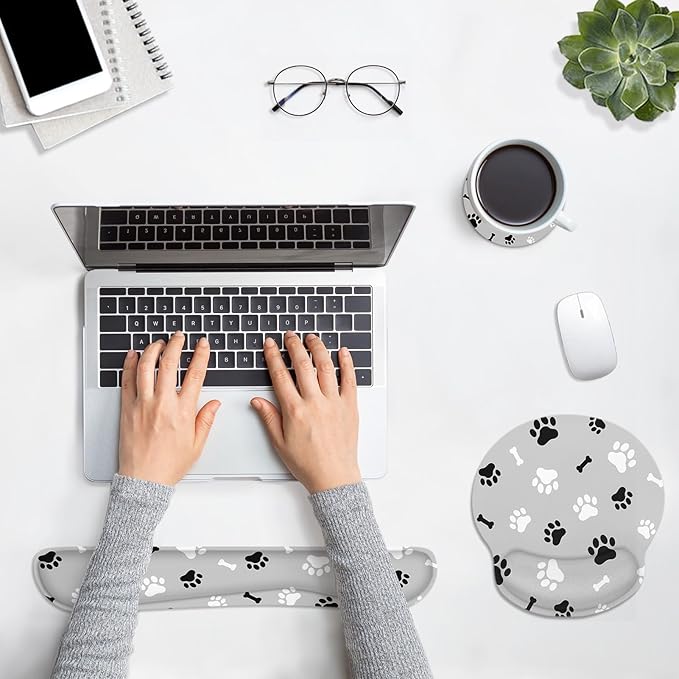 Britimes Ergonomic Mouse Pad Set with Wrist Rest Gray Paw Print Non-Slip Rubber Base Wrist Cushion Support and Coasters Mousepad with Wrist Support for Computer Keyboard and Desk