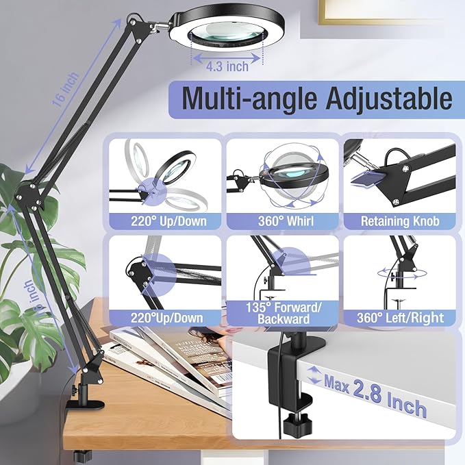 10X Magnifying Glass with Light and Clamp, Real Glass Stand Lighted Magnifier, 5 Color Modes Stepless Dimmable LED Desk Lamp Hands Free for Crafts Hobby Reading Painting Sewing Close Work Large Black