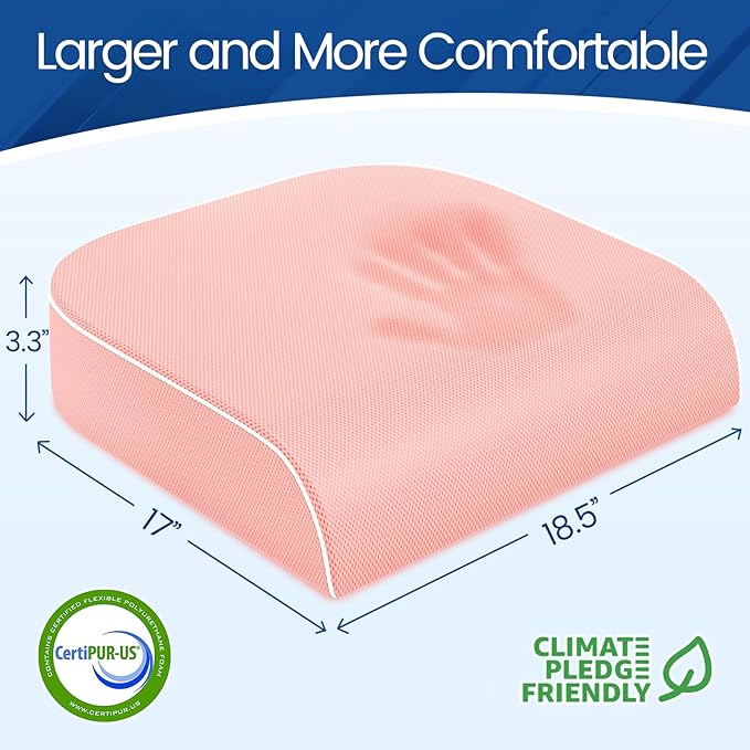 SweetSlubr Seat Cushion for Tailbone Pain Relief, Office Chair Cushion, Memory Foam Large Chair Cushion with Non-Slip Cover for Soft Support at Office Chair, Car Seat, Airplane Pink/X-Large