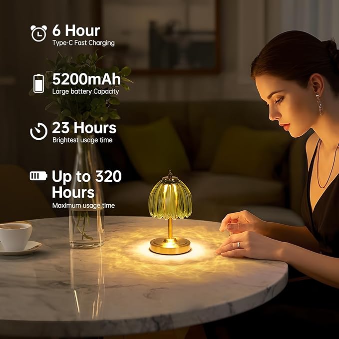 Set of 2 Tulip Table Lamp with 5200mAh Battery & Touch Control, Cordless Small Table Lamp with 3 Colors, Rechargeable Battery Operated Table Lamps for Nightstand, Bedroom (Green Tulip)