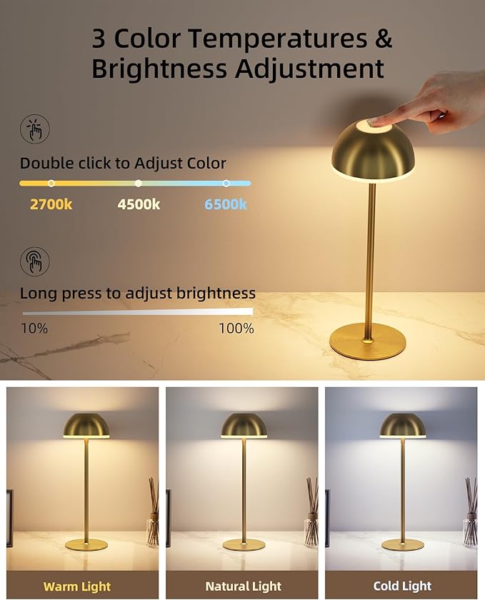 Cordless Table Lamp, Rechargeable, Touch control, 3 Color Temperature, Stepless Dimming, LED Memory Function, Portable, Battery Operated Lamp for Bedroom Restaurant Dinning Kitchen Living Room Home