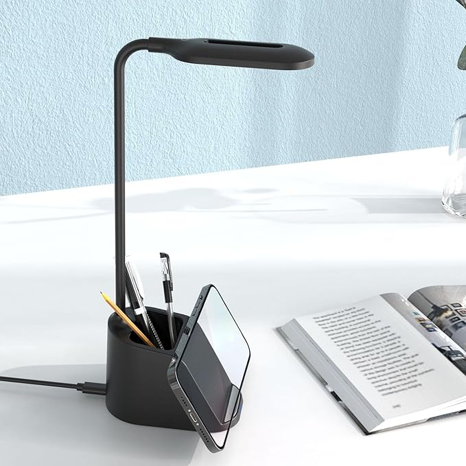 Dpofirs Flexible Gooseneck Desk Lamp with 15W Wireless Charger & Pen Holder, Adjustable LED EyeCaring Light, Touch Control, TypeC for Home Office (Black)