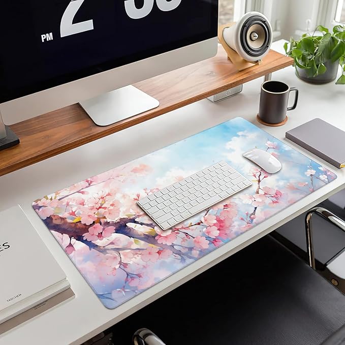 Large Gaming Mouse Pad for Desk,Cherry Blossom Tree Desk Mat for Desktop,Watercolor Floral Desk Pad, Extended Big Computer Keyboard Mouse Pad with Non-Slip Base Stitched Edges 35.4"x15.7"