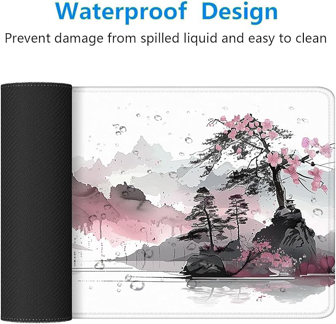 Cherry Blossom Desk Mat Gaming Mouse Pad Pink Watercolor Japanese Extended Gaming Mat with Stitched Edge Non-Slip Base Big Office Computer Keyboard Laptop Home 31.5"x11.8"