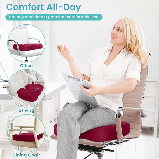Office Chair Seat Cushion, Cooling Gel Enhanced Memory Foam Cushion for Long Sitting - Back, Coccyx & Tailbone Support Pillow - for Office, Gaming, Car, Wheelchair - Red, Large