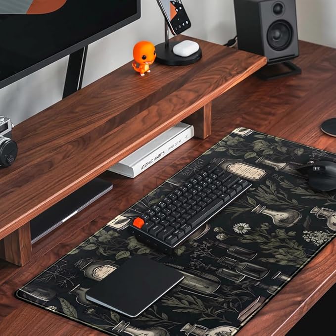Black Aesthetic Desk Mat - Vintage Large Gaming Flower Mouse Pad XXL Plant Wildflower Mousepad Extended Laptop Computer Keyboard Mat for Women Girl Office Decor 31.5x15.8 in