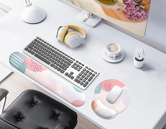 eulps Mouse Pad Wrist Support, Ergonomic Memory Foam Keyboard Wrist Pad & Gel Wrist Rest Set for Computer Keyboard for Easy Typing for Office & Home (Floral Fantasy Set)