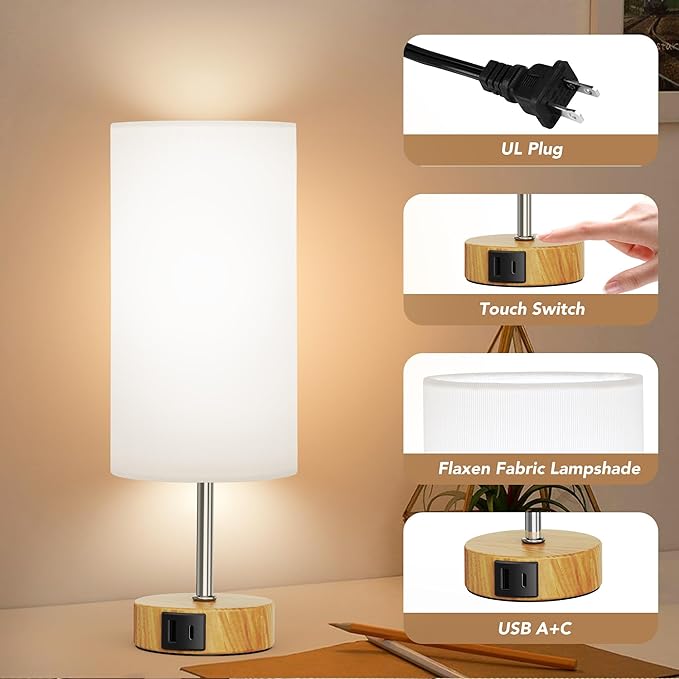 ROTTOGOON 12.8" Touch Control Table Lamp, 3-Way Dimmable Bedside Nightstand Lamp with 2 USB Ports, Modern Table Lamp with 5000K Daylight LED Bulb for Living Room (1 Pack)
