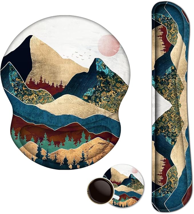 ArtSo Mouse Pad Keyboard Wrist Rest Support Ergonomic, Upgraded Cushion Mousepad Gel Memory Foam Non-Slip Rubber Base Wrist Support & Easy Typing for Home, Office, Colorful Mountain