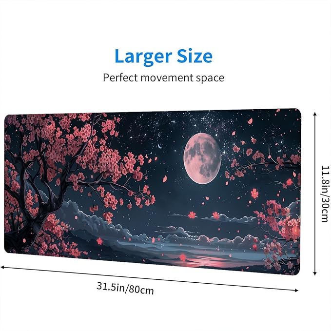 Cherry Blossom Floral Desk Pad Mouse Pad Kawaii Pink Black Moon Floral Gaming Mouse Mat with Stitched Edges,Non-Slip Waterproof Rubber Base Mous Mat Office Computer Keyboard Laptop Home 31.5"x11.8"