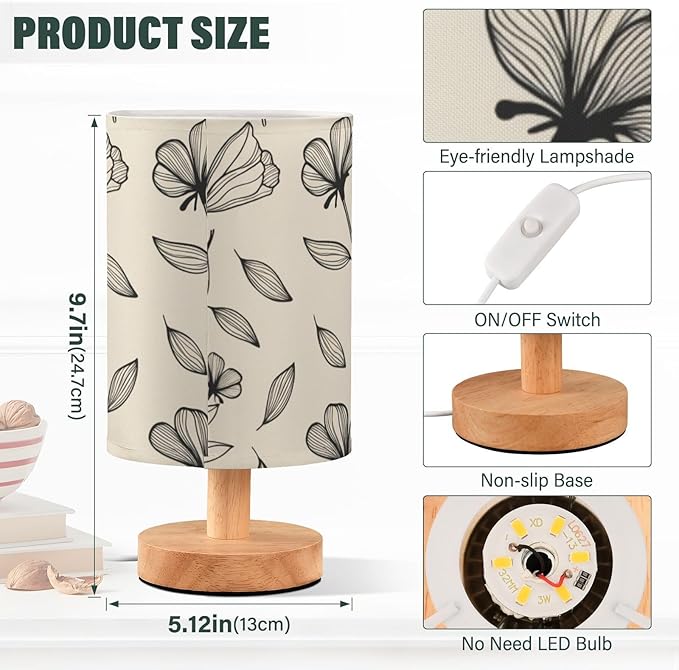 Beige Floral LED Table Lamp, Bedside Lamp with Linen Lampshade, Flicker-Free Eye Care USB Plug in Nightstand Lamp, for Bedroom and Office