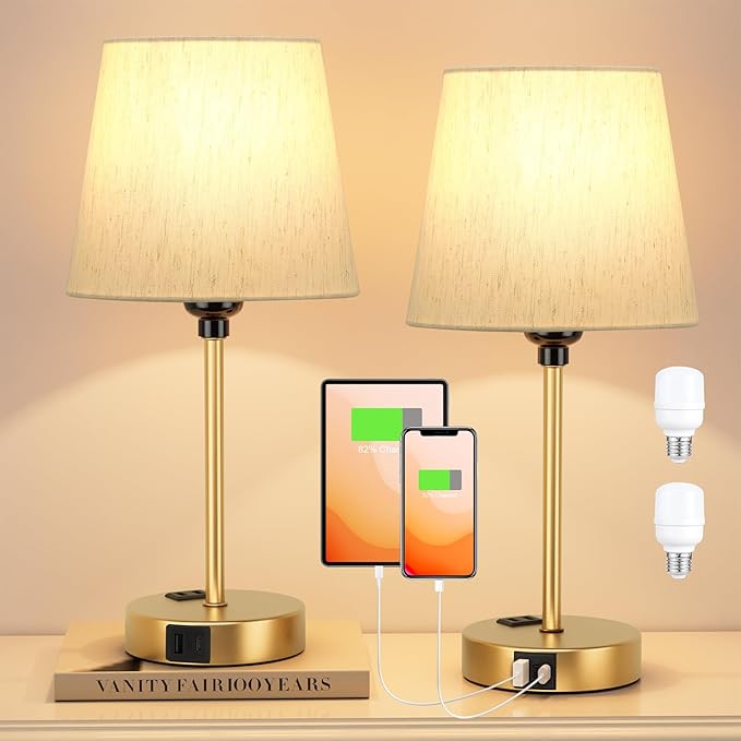 Acaxin Lamp for bedrooms Set of 2 - Nightstand Bedroom Lamp with USB C Port and AC Outlet Charging, 3 Way Dimmable Touch Control Bed Side Table Lamp, Small Night Stand Light for Kids/Guest Room
