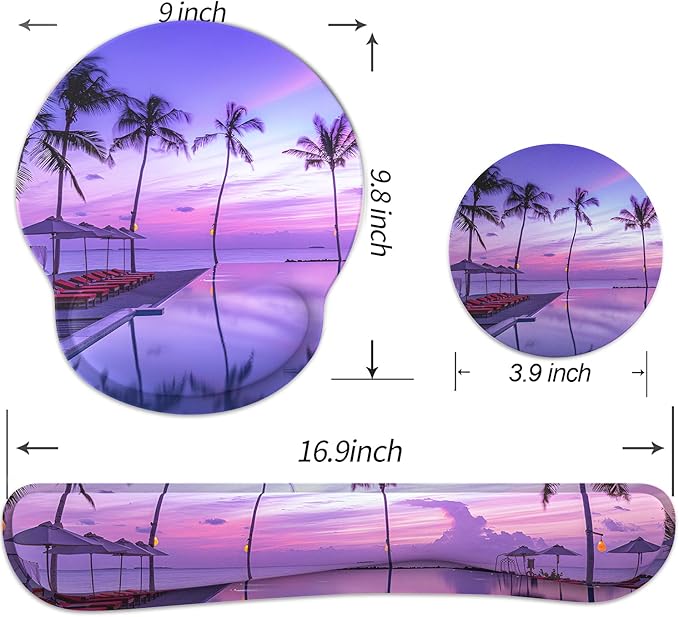 Ergonomic Mouse Pad with Wrist Rest and Keyboard Wrist Rest, Mousepad and Keyboard Pad, Non-Slip Rubber Base, Mouse Pad Wrist Support for Gaming, Computer, Office, Home, Purple Beach