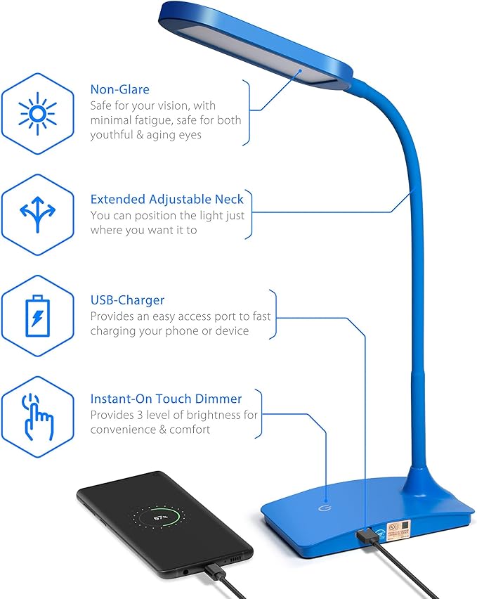 Blue Desk Lamps for Home Office - Super Bright Small Desk Lamp with USB Charging Port, a Perfect LED Desk Light as Study Lamp, Bedside Reading Lights