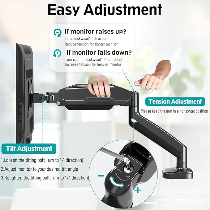 MOUNT PRO Single Monitor Desk Mount - Articulating Gas Spring Arm, Removable VESA Monitor Mount Computer Monitor Stand with Clamp and Grommet Base Fits 13 to 32 Inch Screen, VESA 75x75, 100x100, Black