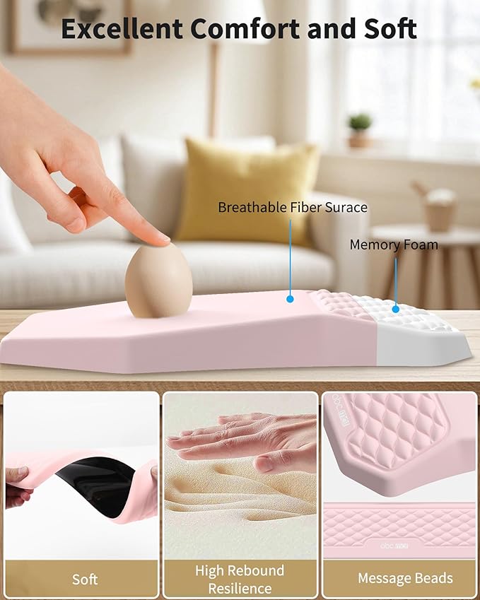 Ergonomic Mouse Pad and Keyboard Wrist Rest Support Set, Massage Design Mousepad for Carpal Tunnel, Memory Foam, Non-Slip PU Base for Computer Desk, Pink
