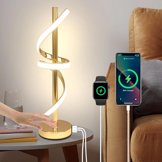 LED Modern Table Lamp, Dimmable Spiral LED Table Lamp, 3 Colors Touch Control, Modern Nightstand Lamp with USB/Type C for Bedroom Living Room