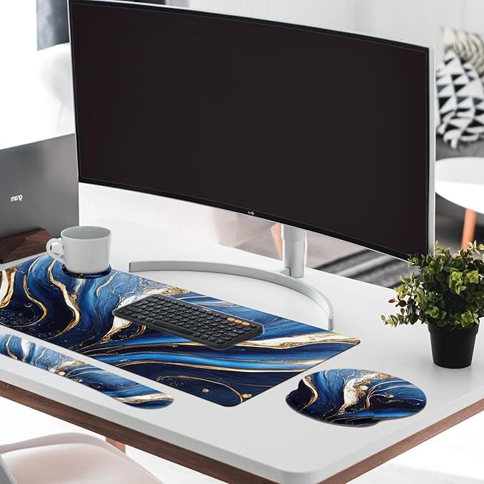 Britimes Blue and Gold Marble Keyboard Mouse Pad Set 4in1 Large Mousepad+Keyboard Wrist Rest+Mouse Wrist Rest+Coaster Set with Ergonomic Design for Home Office Computer 35.4x15.7 inches