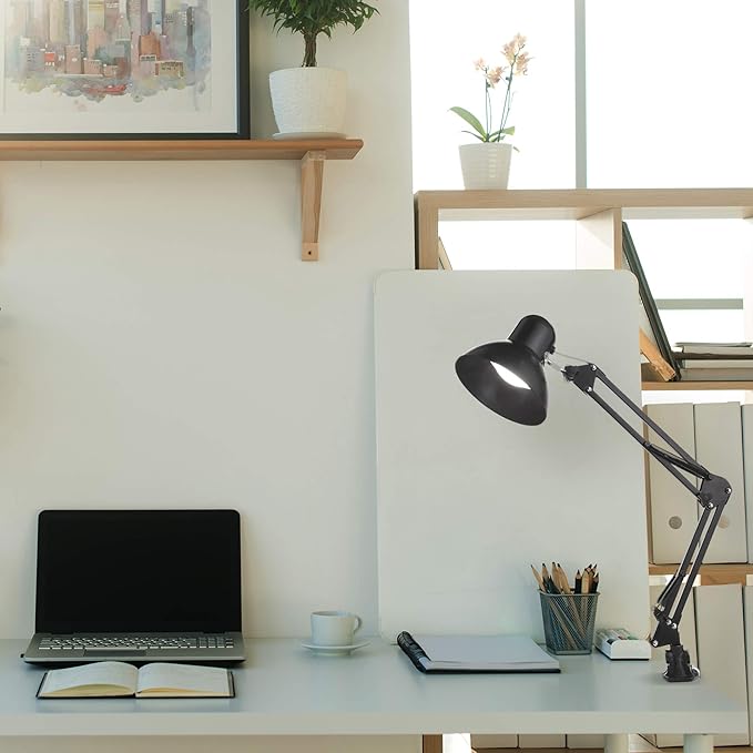Newhouse Lighting 24-in. Wright Painted Black Metal Swing Arm Lamp with Weighted Base and Clamp NHDK-WR-BK, Tall Desk Lamp for Home Office or Home Improvement, Adjustable Office Desk Accessory