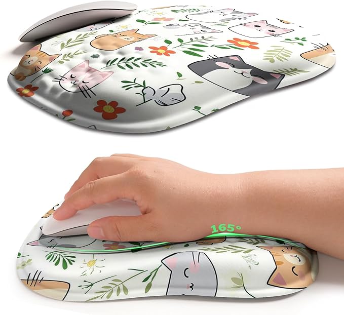 Hokafenle Ergonomic Wrist-Hugging Mouse Pad Wrist Support, U-Shaped Holding Wrist Rest Mousepad for Carpal Tunnel with Cushioned Memory Foam Slope Massage Bulge (10.2x8.3 in, Cute Cat)