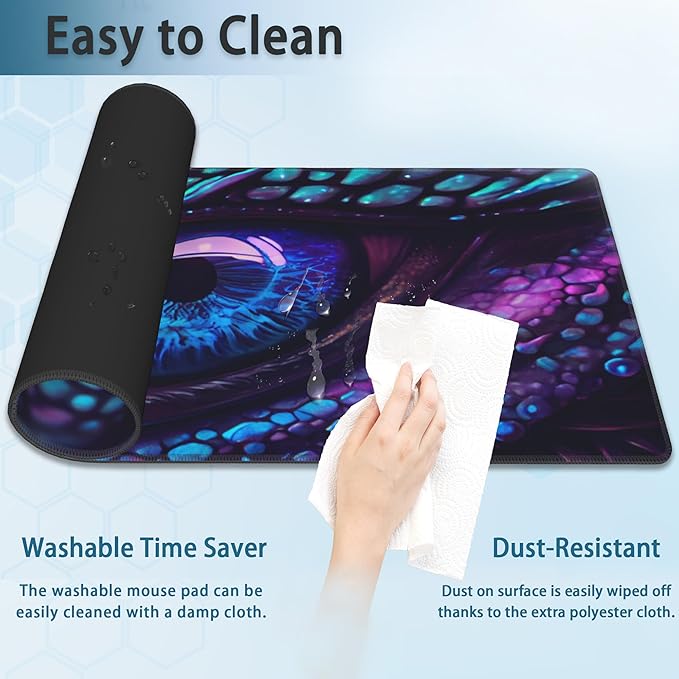 Desk Mat, Blue and Purple Fantasy Dragon Eye Extended Gaming Mouse Pad Large, 31.5"x15.7" Big Mouse Pad with Non-Slip Base and Stitched Edge, Long Computer Keyboard Mouse Mat for Home Office Work