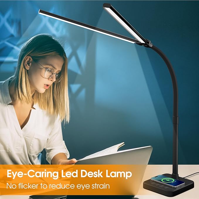 ShineTech LED Desk Lamp for Home Office, 24W Double Head Desk Light with Wireless Charging, USB Port, 25 Lighting Modes Adjustable Lamps