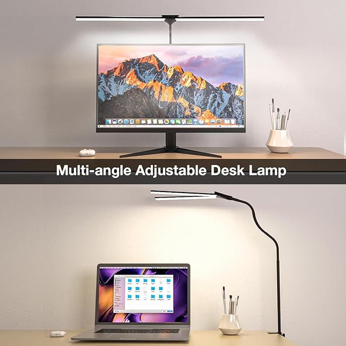 Double Head Clip On Desk Lamp, 1400lm Dimmable Gooseneck Architect Lamp with 5 Color Modes, Eye-Caring Task Light for Home Office,Workbench,Study, Black